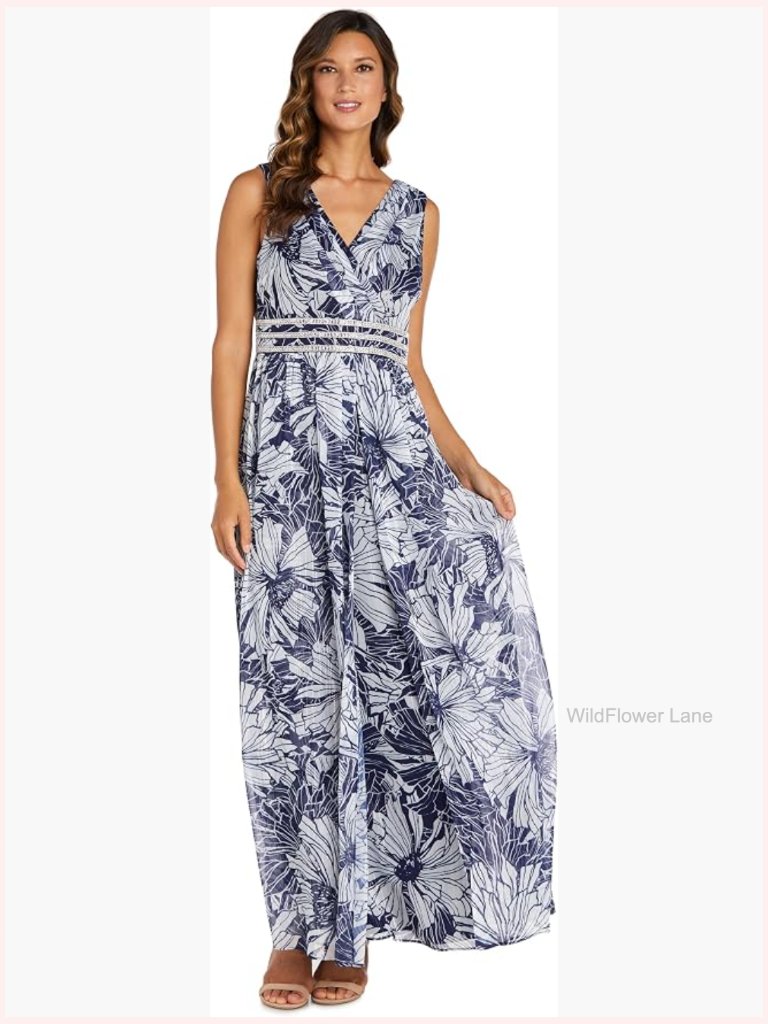 Floral Chiffon Maxi Dress With Rhinestone Waistband - Formal Daytime Wear